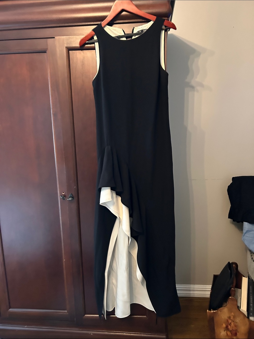 Halston Heritage Black & White Asymmetrical Ruffle Maxi Dress
